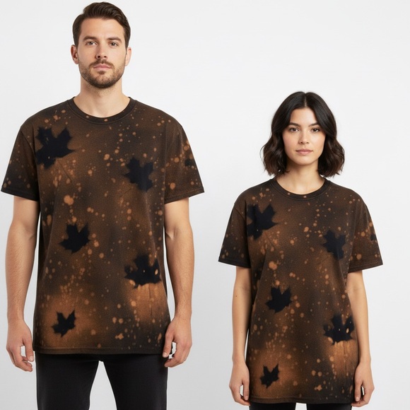 NEW Hand Dyed Black & Orange Maple Leaf Reverse Tie-Dye Bleach-Dyed T-Shirt MeD - Picture 2 of 5